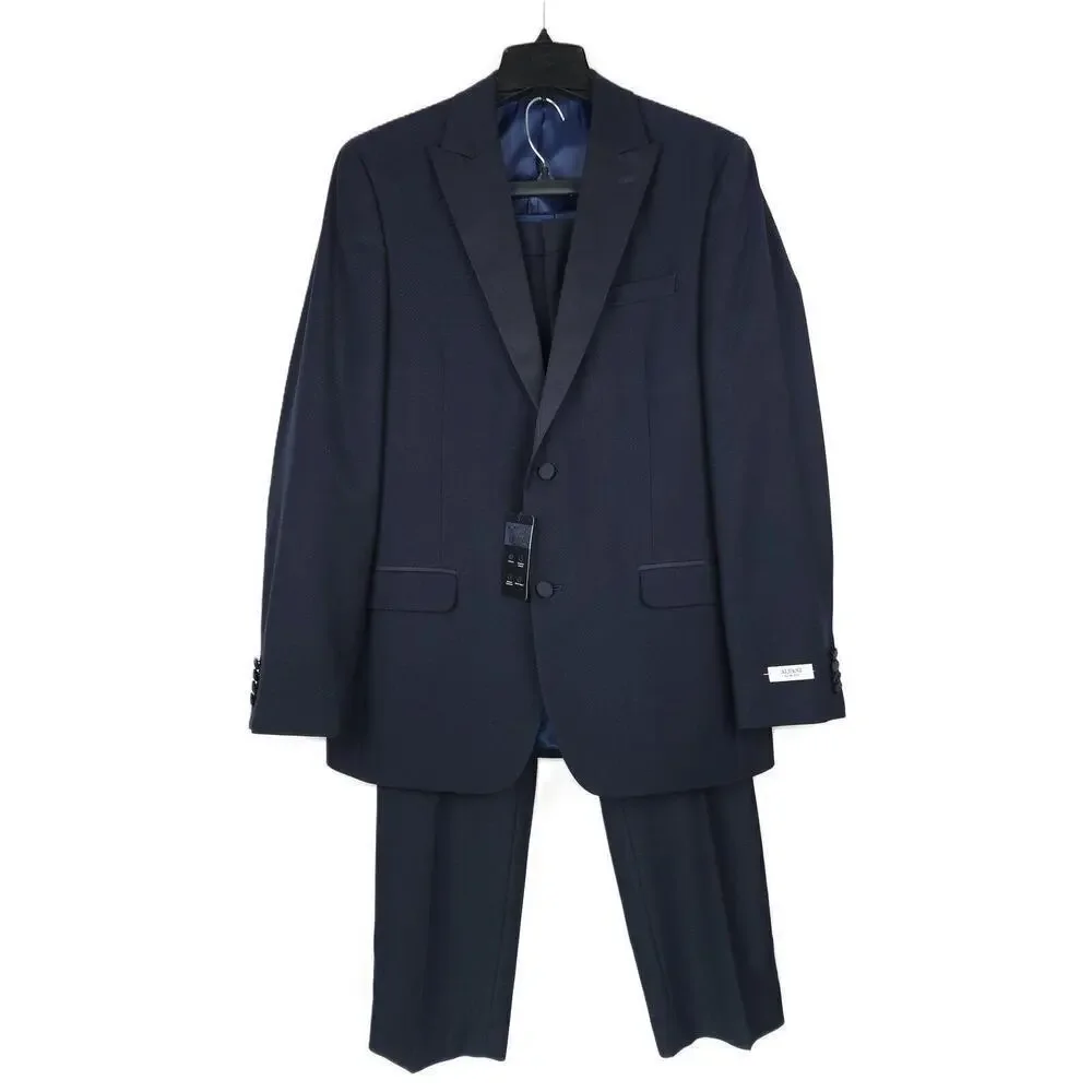 Alfani Mens Slim Fit 2 Piece Tuxedo Suit 38L 32x32 Navy Stretch Diamond Grid NWT